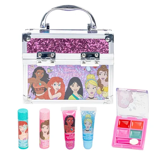Set de Estuche en Forma de Tren Mini de Princesas Disney Belleza Incluye Tubo de Brillo de Labios, Bálsamo Labial, Compacto de Brillo de Labios para