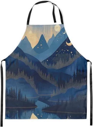 Miniatura 20 de Castle Fairy Mountain Moon Chef Apron,Starry Night Sky Apron 31"x26",Natural Landscape Painting Kitchen Aprons for Women Blue Beige Yellow