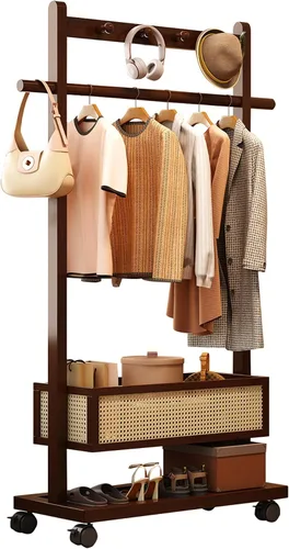 Miniatura 7 de Perchero con estantes, resistente con cesta de almacenamiento, estantes de ropa rodantes de bambú para espacios pequeños, dormitorio, entrada