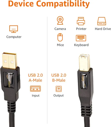 Miniatura 3 de Amazon Basics Cable USB-A a USB-B 2.0 para impresora o disco duro externo con conectores chapados en oro, negro, 10 pies