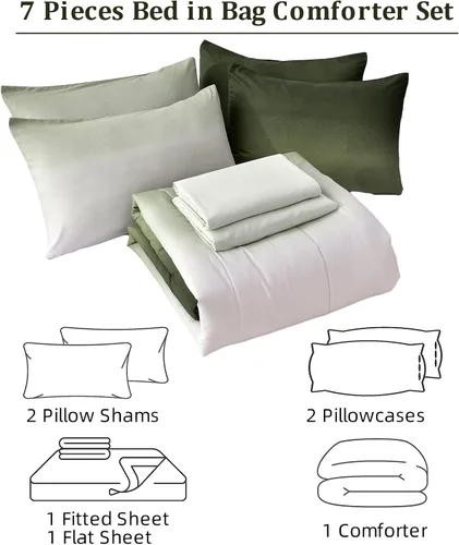Miniatura 6 de Juego de edredón de 7 piezas color verde oliva para cama King - Juego de cama ligero con gradiente de color verde oscuro en una bolsa, juego de cama