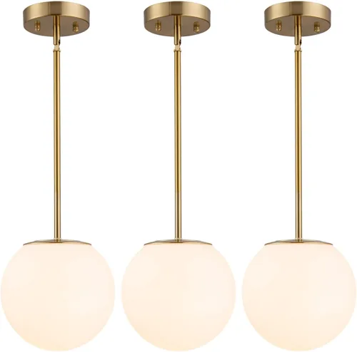 Miniatura 11 de Lámpara colgante moderna de mediados de siglo, globo dorado claro con pantalla de vidrio blanco, acabado de latón cepillado, altura ajustable