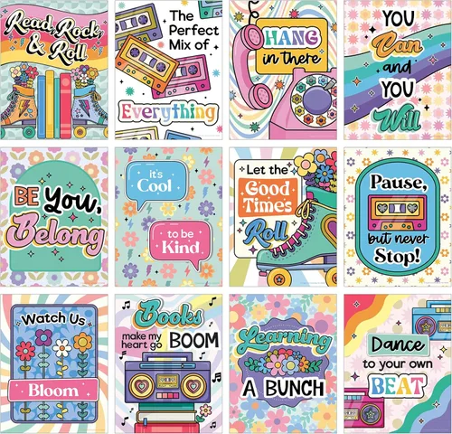 Happily Ever Elementary Retro Remix 12 piezas de carteles motivacionales, de los años 70 y 80, arte de pared inspirador con afirmaciones positivas