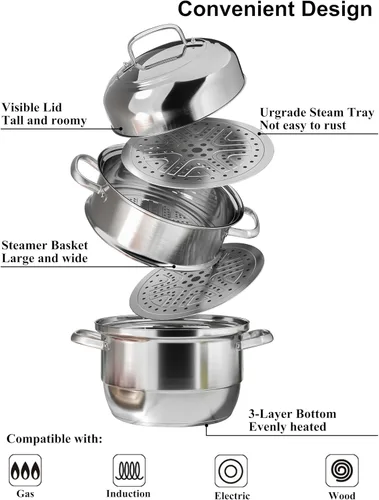 Miniatura 3 de VENTION Olla Vapor de 3 niveles de acero inoxidable grande de 30 cm, vaporizador de inducción para cocinar, olla de vapor de 11.9 pulgadas