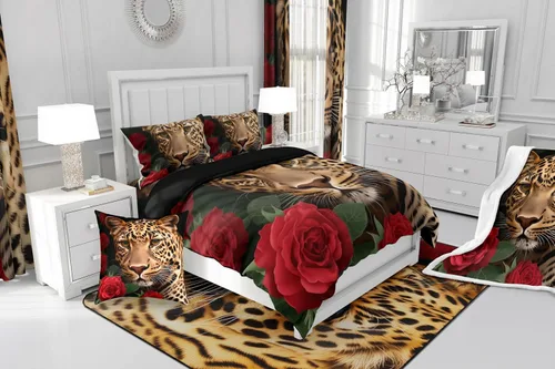 Miniatura 8 de Erosebridal Juego de ropa de cama de guepardo con rosa roja, juego de edredón con estampado de leopardo y gato, edredón romántico de plumón, Multi 03