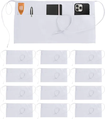 Utopia Wear 12 Pack Server Aprons with 3 Pockets, Waiter and Waitress Waist Aprons for Women with Pockets, Men Short Aprons Blanco