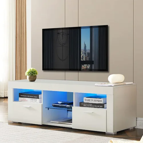Miniatura 2 de Soporte de TV LED para consolas multimedia, estante de exhibición con estante abierto y cajones, soporte de TV moderno para televisores