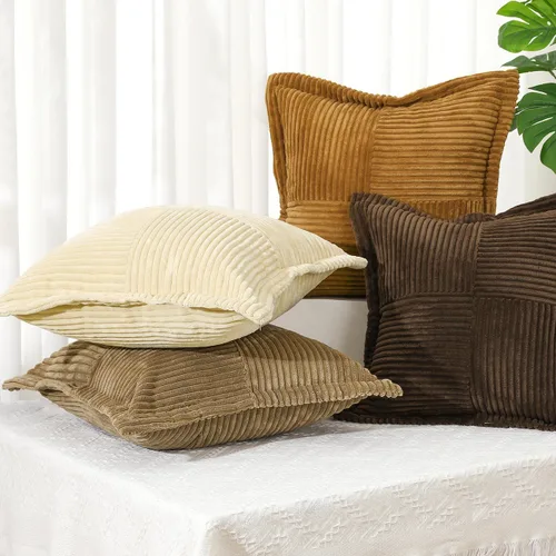Miniatura 7 de Lewondr - Juego de 4 fundas de almohada de pana de 20×20 pulgadas, fundas de almohada cuadradas suaves, fundas de almohada decorativas con rayas