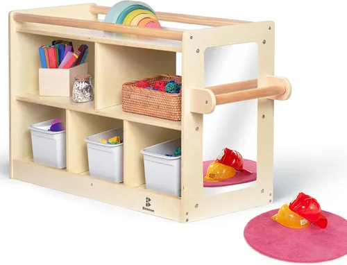 Miniatura 8 de Almacenamiento de juguetes para niños pequeños con respaldo de espejo, cubículos preescolares y guardería para bebés con 2 pasamanos de sujeción