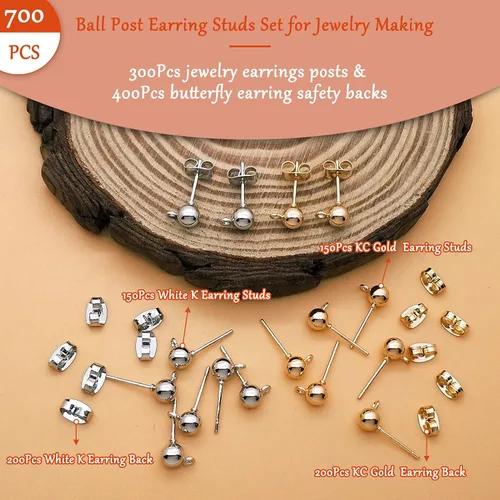 Miniatura 2 de Juego de 700 aretes de bola para hacer joyas, 300 aretes de bola, aretes de bola con lazo con 400 aretes de mariposa de repuesto para hacer joyas