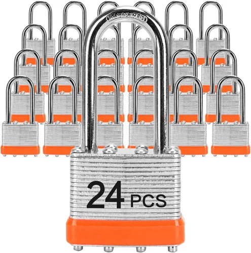 Candados con la misma llave, LQYN 24 candados laminados con llave (1-9/16 pulgadas, 1.575 in), cerraduras con llave igual, grillete largo, para