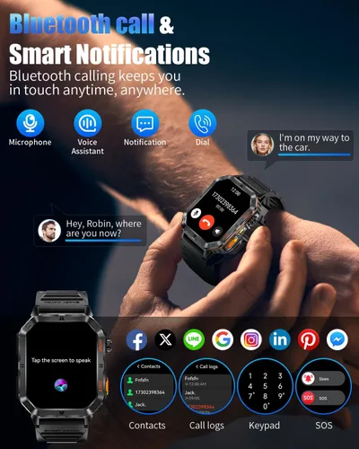 Miniatura 6 de Military Smarty Watch for Men, 2.01" Smartwatch with 1200mAh Battery, Flashlight, Answer/Make Calls, Heart Rate/Sleep Monitor 100+ Sport Modes Steel