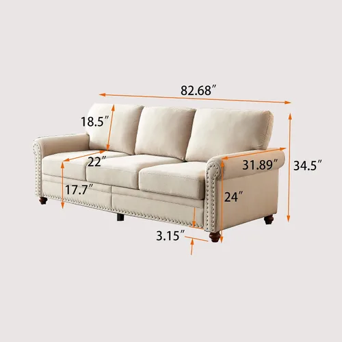 Miniatura 2 de Lestar Sofá de tela de 3 plazas, sofás tapizados modernos de 3 plazas con clavos y reposabrazos (beige)