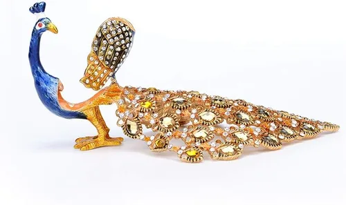 Miniatura 2 de Caja de baratijas con adornos de cristal de pavo real azul con bisagras, joyero decorativo con bisagras, tienda de anillos, regalo de lujo