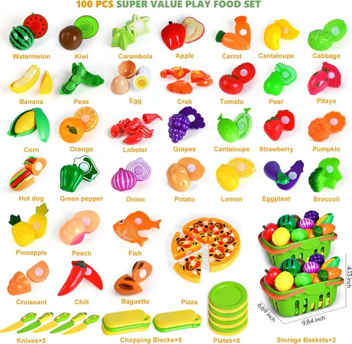 Miniatura 2 de 100 PIEZAS Juego de Comida de Simulación para Cocina de Juguete para Niños, Accesorios de Juguete de Comida de Cocina con 2 Canastas, Comida Verde