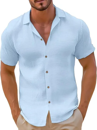 Miniatura 10 de Camisa de guayabera cubana para hombre, estilo casual, con botones, de manga corta, para verano, playa, hippie, color sólido, tops de trabajo
