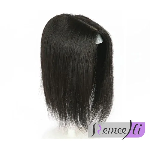 Miniatura 2 de RemeeHi Cabello humano atado a mano/base de seda recto Topper corto 4.7x5.5 in clip en el postizo invisible Wiglet Toupee Natural Negro 9.8 in/10