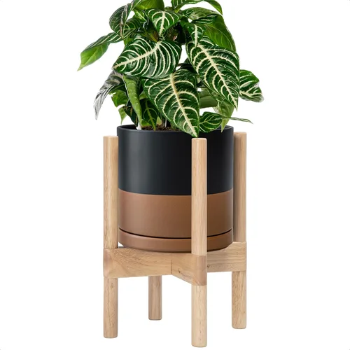 Miniatura 10 de D'vine Dev Maceta de cerámica con soporte de ébano – Maceta redonda moderna de 8 pulgadas con soporte para maceta de madera, color negro, 55-B-M-2