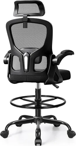Silla de dibujo, silla de oficina alta para escritorio de pie, respaldo alto ergonómico con reposacabezas, soporte lumbar, anillo para el pie y Negro