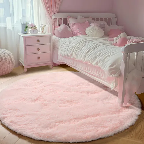 Miniatura 8 de PAGISOFE Alfombras redondas rosas de 5 pies, alfombras circulares para dormitorio de niñas, alfombras esponjosas para habitación de niñas, alfombra