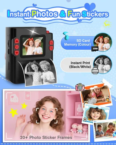 Miniatura 5 de Cámara de impresión instantánea para niños, cámara digital negra clásica para niños de 3 a 12 años, 1080P HD con tarjeta SD de 32 GB, modo selfie