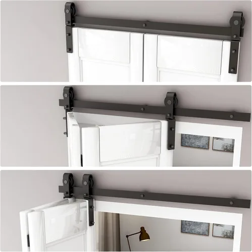 Miniatura 4 de Kit de rieles de herrajes para puerta corredera plegable de granero de 52", suave y silencioso, rodillo negro montado lateralmente, fácil