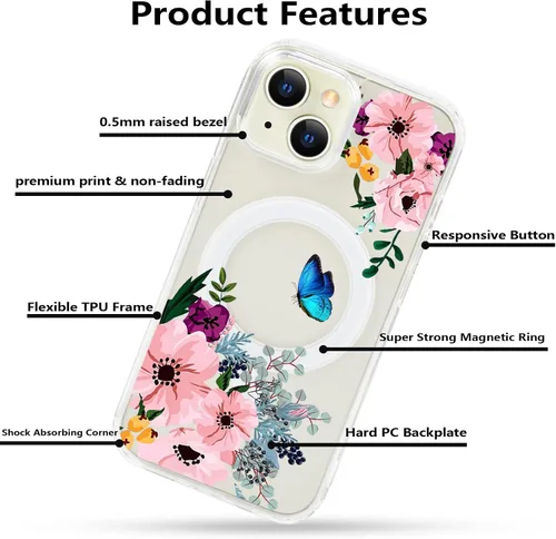 Miniatura 6 de Funda magnética de flores para iPhone 15 [compatible con MagSafe] Bonito patrón floral transparente a prueba de golpes