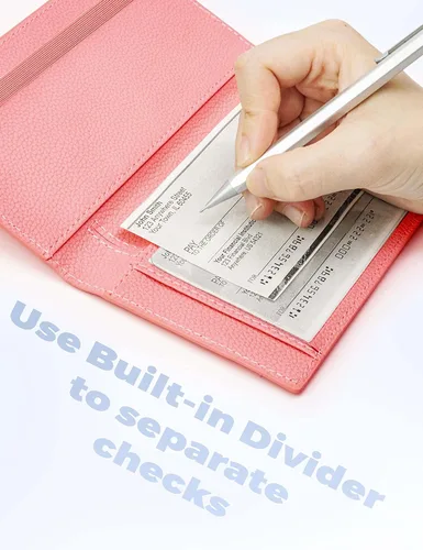 Miniatura 61 de Yarnic Funda para chequera personal, soporte para chequera con soporte para bolígrafo y divisor de plástico transparente integrado para cheques Rosa