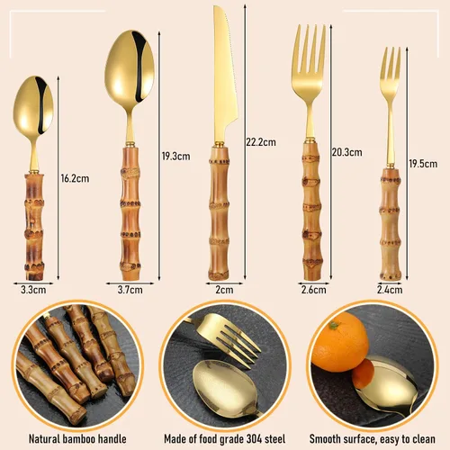 Miniatura 2 de Eboot Juego de cubiertos de bambú 18/8 de acero inoxidable, juego de vajilla natural, juego de utensilios de cocina, cubiertos con mango de bambú