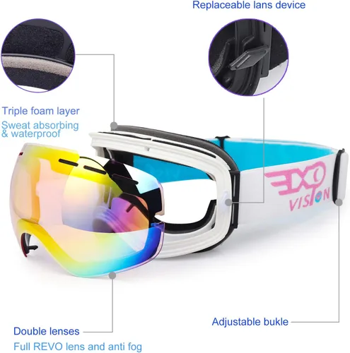 Miniatura 3 de EXP VISION Gafas de esquí de snowboard para hombres, mujeres y jóvenes, antiempañamiento OTG, gafas de nieve de invierno, lentes desmontables Rosa