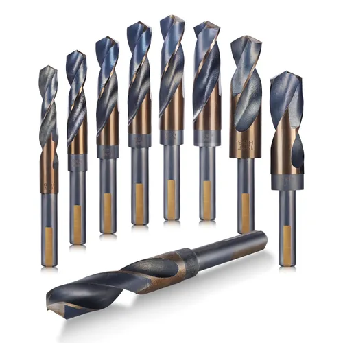 Miniatura 5 de Juego de brocas de vástago reducido, 8 piezas de brocas grandes plateadas y Deming con caja de índice de aluminio, M2 acabado negro y dorado HSS