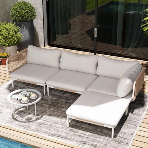 Juego de muebles de patio, muebles de patio al aire libre, sofá seccional de metal de gran tamaño, juego de conversación de 4 asientos con cojín