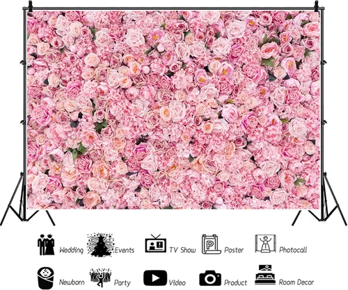 Miniatura 2 de Telón de fondo de pared rosa rosa de 5 x 3 pies con flores rosas para fotografía, telón de fondo para exteriores, recién nacido, baby shower, boda