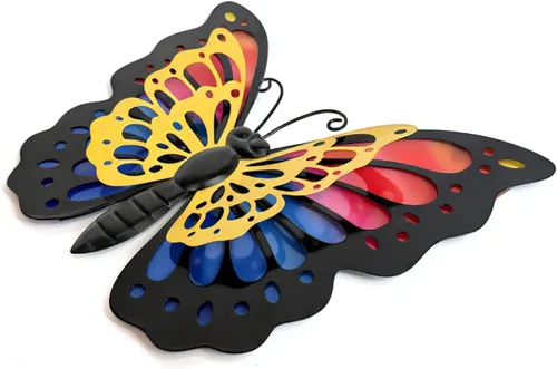 Miniatura 3 de HONGLAND Decoración de pared de mariposa de metal, escultura de arte para interiores y exteriores, decoración de cristal colgante azul