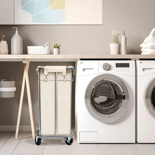 Miniatura 7 de Cesta de lavandería con ruedas, cesta de lavandería enrollable con bolsa extraíble, carrito clasificador de ropa de 100 L, organizador de ropa Crema