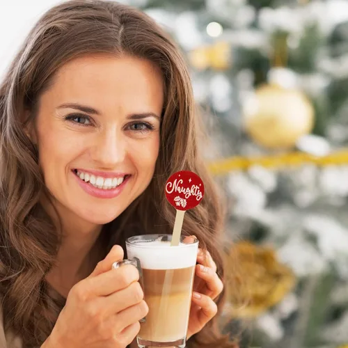 Miniatura 7 de Jinei 120 unidades de palillos de café de madera de Navidad, palillos de cóctel de madera para café, agitadores desechables para bebidas