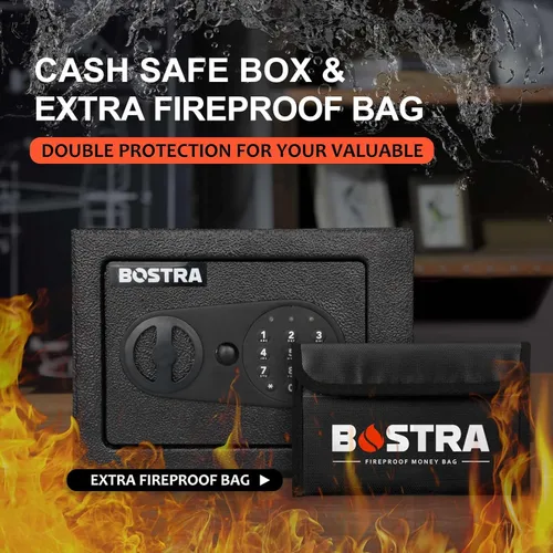 Miniatura 3 de Bostra Caja de seguridad ignífuga con sensor de luz y bolsa ignífuga, caja fuerte para dinero con teclado digital, caja fuerte de seguridad
