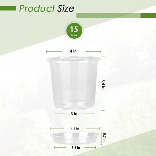 Miniatura 2 de FUIJOL Macetas transparentes de 4 pulgadas para plantas con platillos, paquete de 15, macetas de plástico con agujeros de drenaje, paquete variado