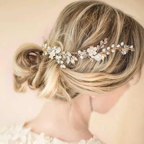 Miniatura 4 de JONKY Vid de pelo de novia de cristal de hoja de perla, diademas y accesorios para el cabello para mujer (dorado)