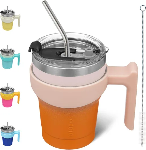 Miniatura 15 de BJPKPK Vaso con asa de acero inoxidable de 20 onzas, con aislamiento de doble pared, con tapa y pajita, color rosa claro A-rosa claro