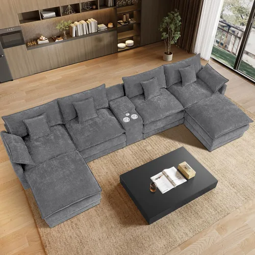 Miniatura 24 de Sofá modular de nube en forma de U de 162.6 pulgadas, sofá seccional para sala de estar, moderno sofá de nube de terciopelo de gran tamaño con Gris