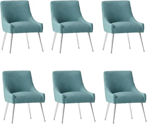 Miniatura 23 de Sillas de comedor de estilo moderno de terciopelo tapizado, silla de acento de tocador con barra vertical, silla capitonada con patas plateadas