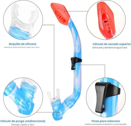 Miniatura 6 de Conjunto de esnórquel para niños con tubo de tapa seca, equipo de esnórquel para niños, jóvenes, niños y niñas junior de 5 a 15 años, máscara de Azul