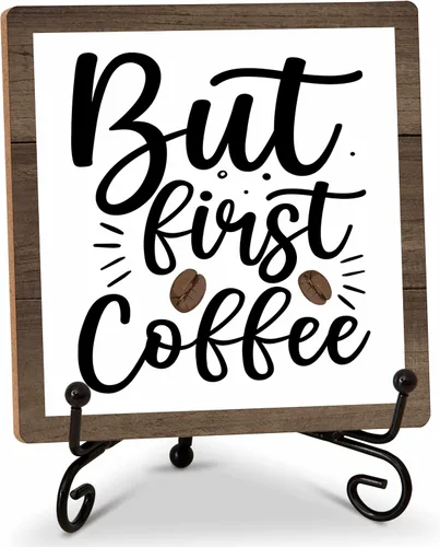 Miniatura 7 de Letrero de barra de café, letrero de madera de cafecito de 5 x 5 pulgadas con soporte de hierro, perfecto para decoración de mesa de oficina