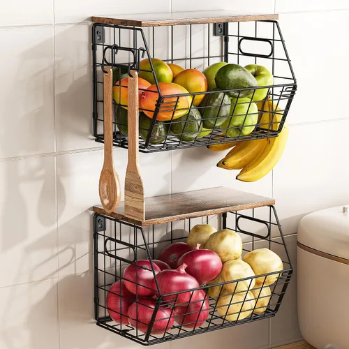 Miniatura 2 de Delamu Cesta de frutas apilable de metal con tapa de madera, paquete de 2, organizador de pared colgante para encimera de cocina, almacenamiento