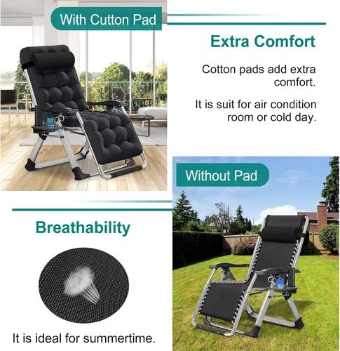 Miniatura 5 de Silla de gravedad cero, sillón reclinable de césped, tumbona reclinable para patio, tumbona plegable portátil con cojín suave desmontable, soporte