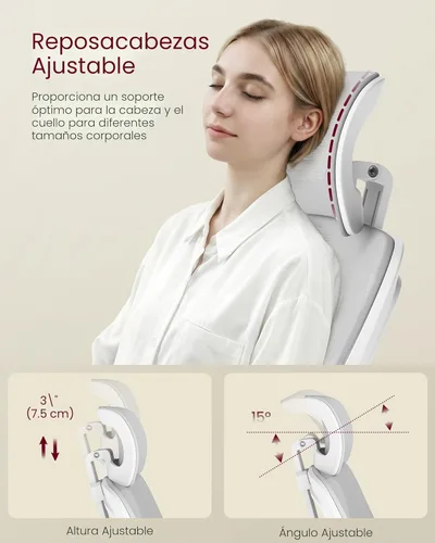 Miniatura 6 de VASAGLE Silla de oficina ergonómica de malla con soporte lumbar ajustable y reposacabezas, función de inclinación de 90-105°, asiento ancho, Gris