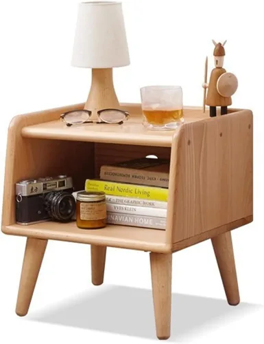 Miniatura 10 de Mesita de noche de madera maciza 100% natural con almacenamiento abierto, elegante mesita de noche moderna de mediados de siglo para dormitorio, 2