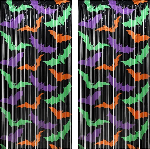 Cortinas de flecos de aluminio negro para decoración de Halloween, paquete de 2 telón de fondo de oropel para accesorios de cabina de fotos,