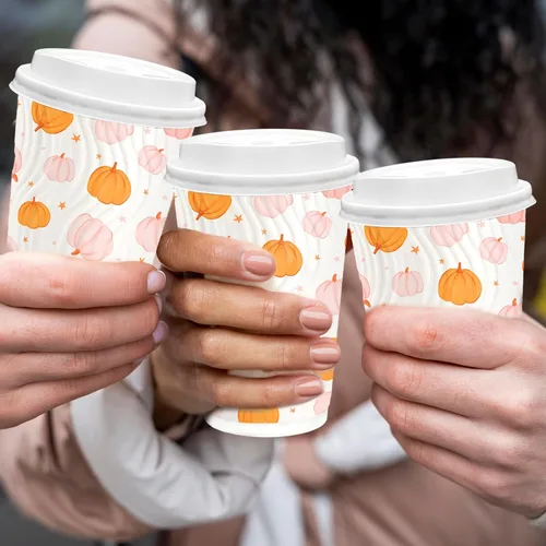 Miniatura 5 de JarThenaAMCS 100 tazas de café desechables de otoño con tapas, taza de papel de calabaza rosa naranja de 16 onzas, taza de papel de calabaza